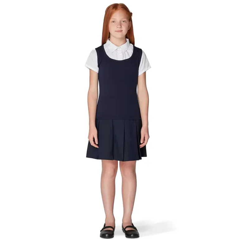 ODM-OEM-Childrens-School-Uniform-Customization-White-Top-and-Navy-Blue-Vest-Dress-Set