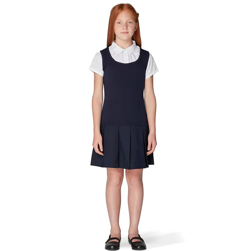 ODM-OEM-Childrens-School-Uniform-Customization-White-Top-and-Navy-Blue-Vest-Dress-Set