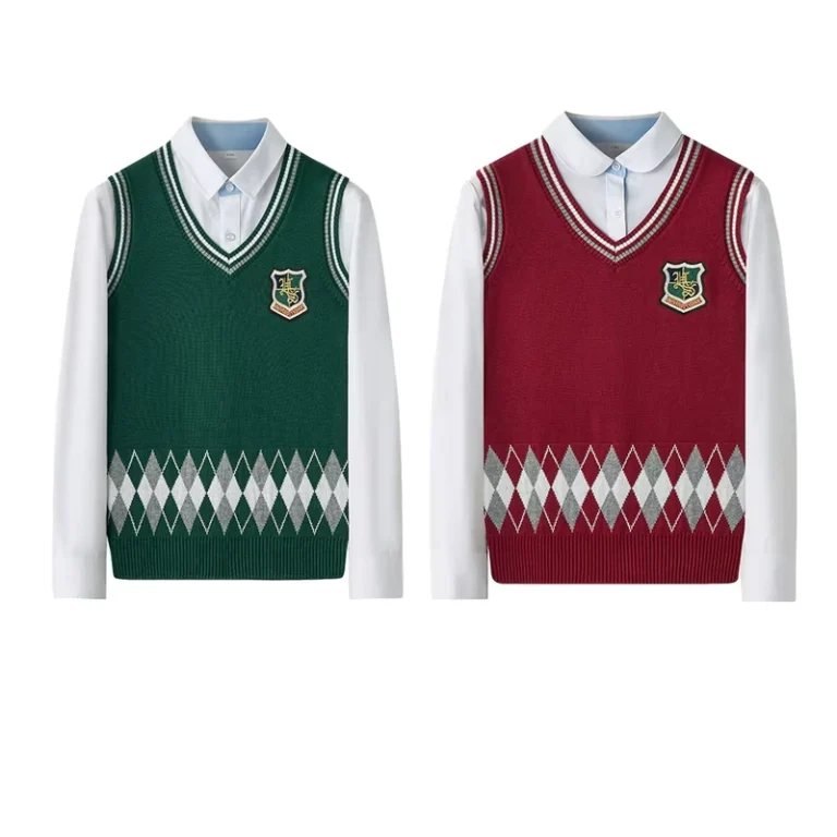 ODM-OEM-V-Neck-Pull-Over-Knitted-Students-Vest-School-Uniform-Sweater-for-Boys-and-Girls-in-Burgundy-Forest-Green-Color