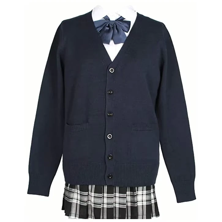 OEM-Custom-Girls-Cardigan-School-Uniform-Sweater-Cardigans-V-Neck-Long-Sleeve-Button-Down-Knit-With-Pockets