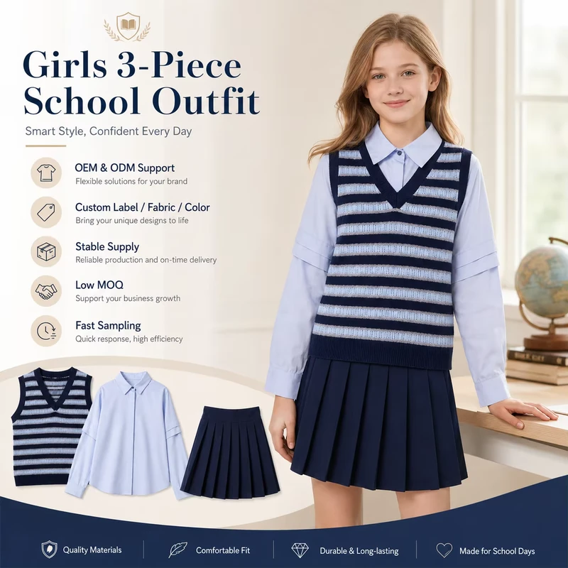 OEM-Custom-Preppy-Style-Striped-Sweater-Vest-Blue-Shirt-Pleated-Skirt-Kids-Girls-School-Uniform-3-Piece-Set