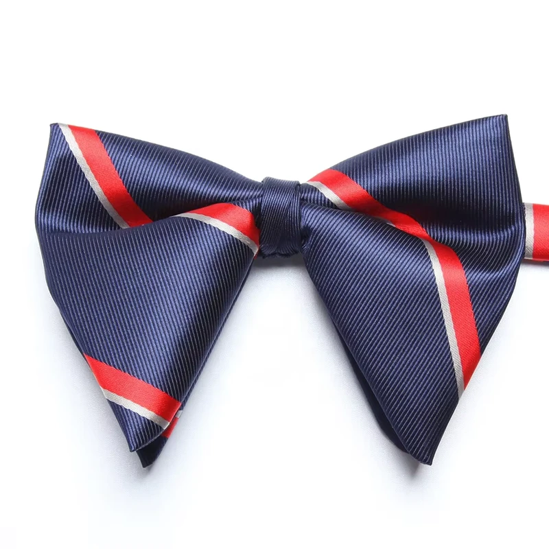 OEM-Custom-School-Uniform-Boys-Men-Oversized-Butterfly-Gold-Navy-Red-Stripe-Bow-Jacquard-Polyester-Ties-Custom-Logo-Label