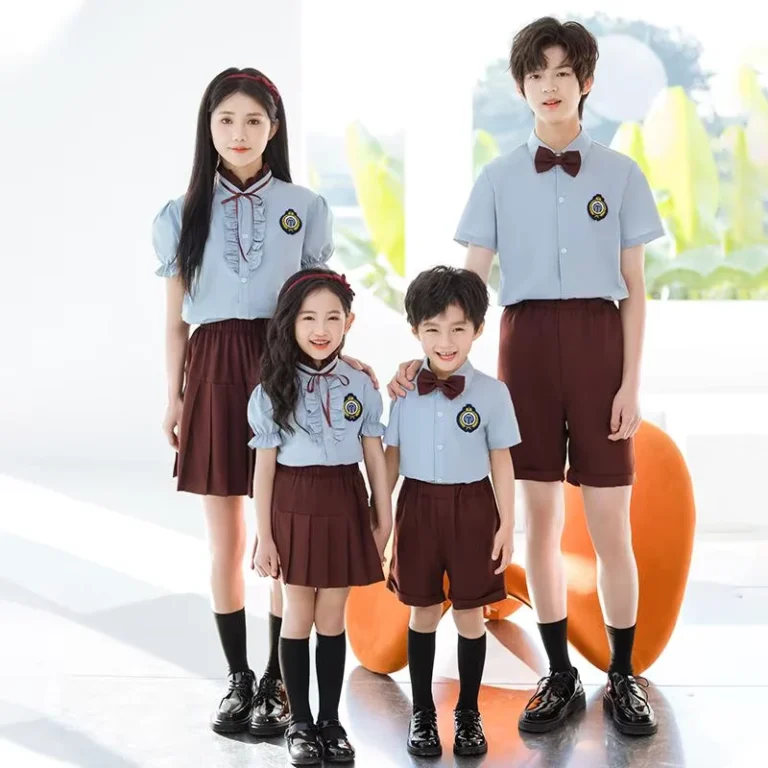 OEM-Kids-Embroidered-Blue-Shirt-With-Brown-Shorts-and-Skirt-School-PE-Uniform-Secondary-School-Uniforms