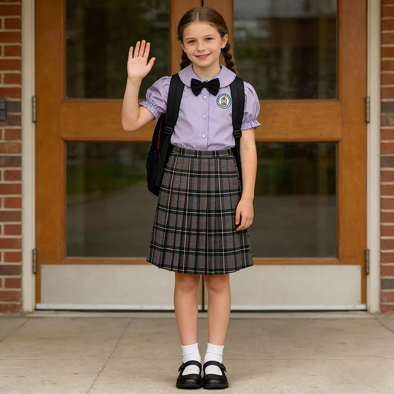 OEM-ODM-Custom-Available-Purple-Blouse-Plaid-Skirt-Set-Plaid-Dress-Short-Sleeved-Skirt-School-Uniform-Set-for-Girls
