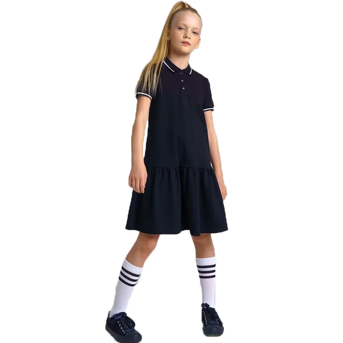 OEM-ODM-Customized-Girls-School-Uniform-Dress-Cute-Solid-Polo-Neck-Short-Sleeve-for-Children