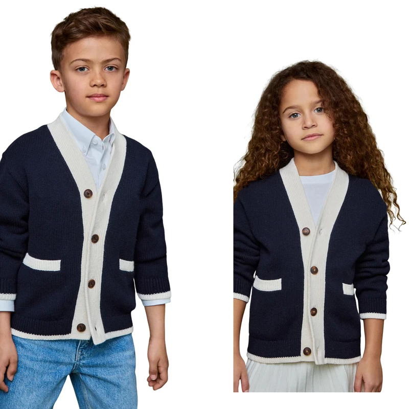 OEM-ODM-Customized-White-Edge-Navy-School-Uniform-Outfit-Family-Matching-for-Children-Knitting-Cardigan