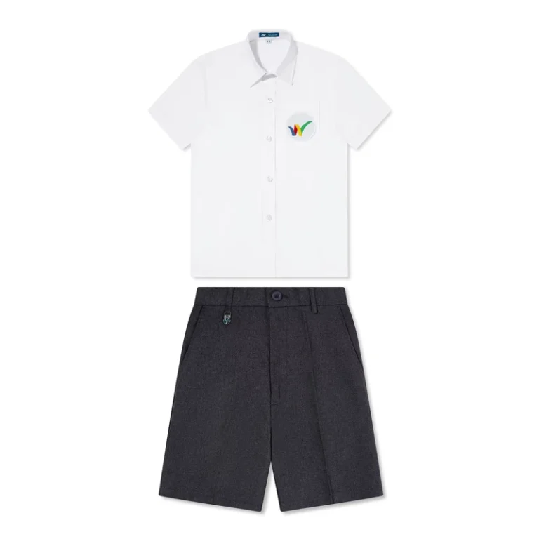 OEM-ODM-Factory-Custom-School-Uniform-Shirts-Shorts-Set-White-Color-Fastness-Custom-Logo-Dark-Gray-Short-Sleeve-Shirt-Shorts-Set