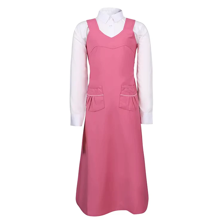 OEM-ODM-New-Designs-Factory-Adjustable-Sling-Style-Girls-Solid-Pink-School-Uniform-Long-Skirt-Dress