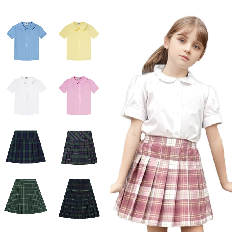 OEM-ODM-Primary-School-White-Shirt-Short-Sleeved-Skirt-School-Uniform-Girls-Student-Blouse-Skirt-Dress-Set-Factory-Customize