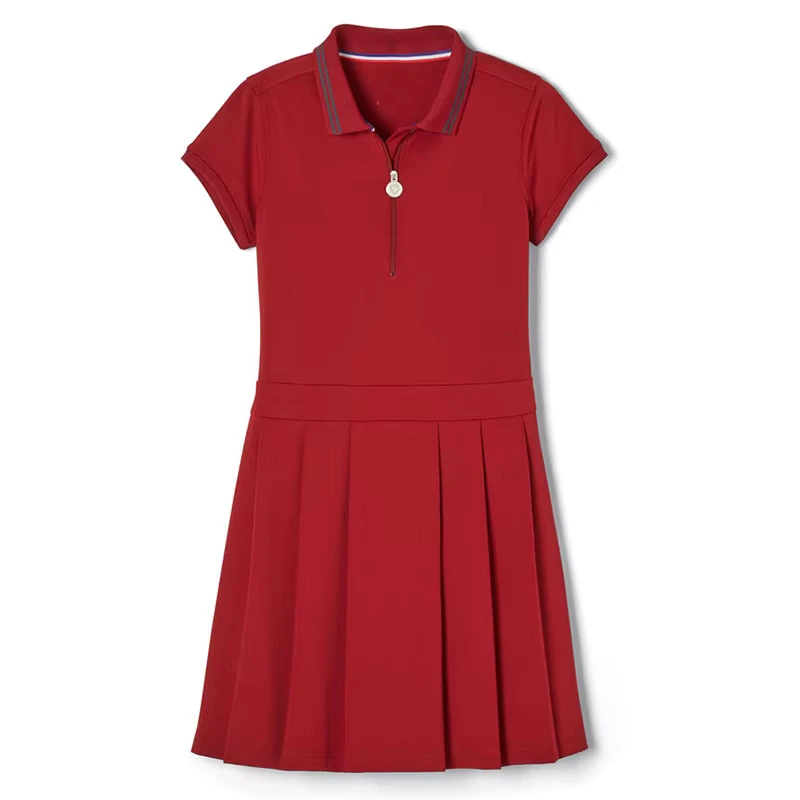 OEM-School-Uniform-Dress-for-Kids-With-Pleat-Skirt-Short-Sleeve-Girl-Polo-Dress-Red