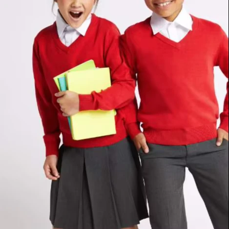 OEM-Service-Custom-Logo-Childrens-Unisex-Long-Sleeve-V-neck-Knitted-School-Sweater-Red-Cotton-Polyester-Pullover