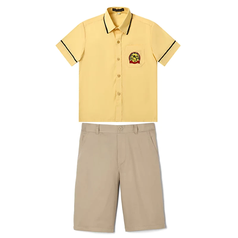 Original-Manufacture-Custom-Logo-Boys-Khaki-Short-Sleeve-Shirt-Set-School-Clothing-Wear-Set-for-Student-Classmate-Uniform-Set