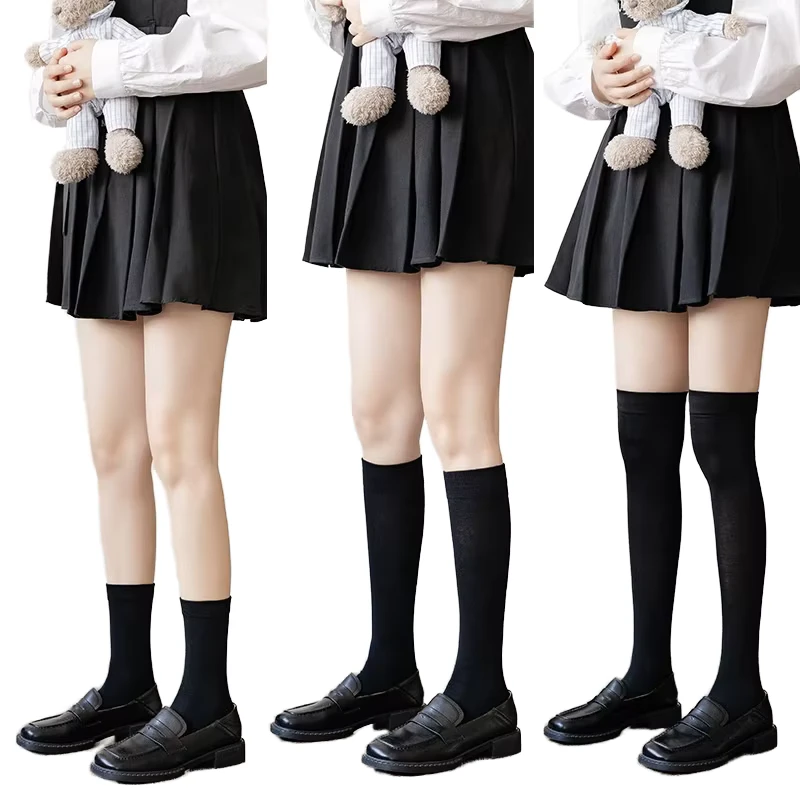 Plain-White-Black-Calf-Socks-Girls-Women-Cotton-Knee-High-Long-Uniform-Socks-for-School