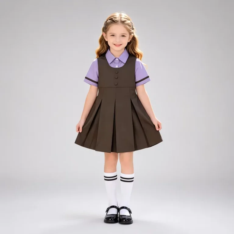 Poly-Cotton-Kids-Primary-School-Uniform-OEM-Logo-Short-Sleeve-Shirt-Pinafore-Dress-Girls-Side-Stripe-Shorts-Boys