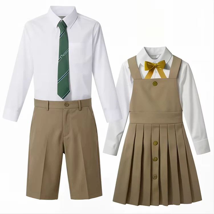 Polyester-Cotton-Blend-Long-Sleeved-Unisex-School-Uniform-Set-for-Elementary-and-High-School-Students-Khaki-Color