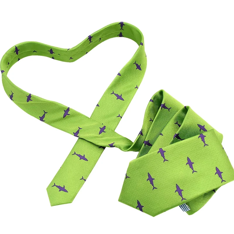 Prasinous-Green-Polyester-Woven-Mens-Ties-Sea-Animal-Scary-Purple-Shark-Customized-Novelty-Necktie-with-Fish-on-It
