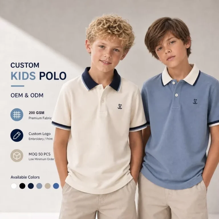 Premium-Kids-Polo-Shirt-Boys-Cream-Dusty-Blue-200GSM-Custom-Logo-ODM-Tipped-Collar-Children-Luxury-Clothing-Supplier