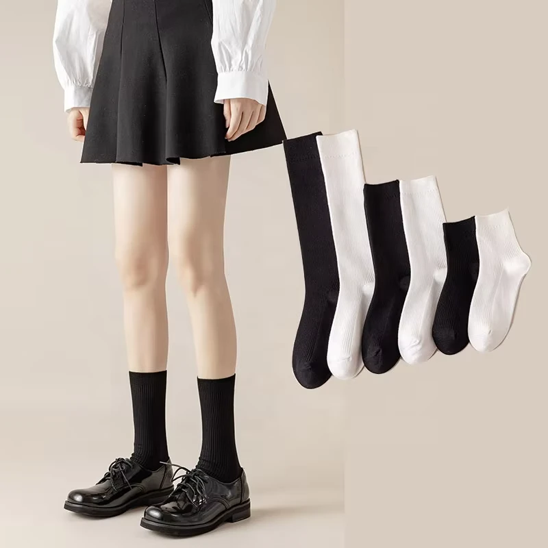 Premium-White-Black-Student-School-Socks-Women-Girls-Cotton-Uniform-Calf-Socks