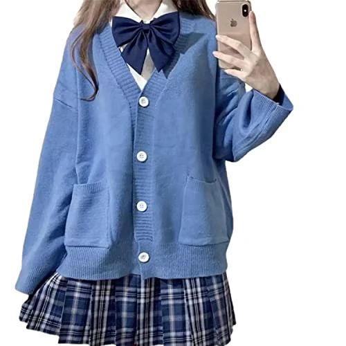 Preppy-Aesthetic-Kawaii-Solid-V-Neck-Cardigan-Cute-Japanese-School-Sweater-Loose-Knitted-Cotton-JK-Uniform-Cosplay-Clothing