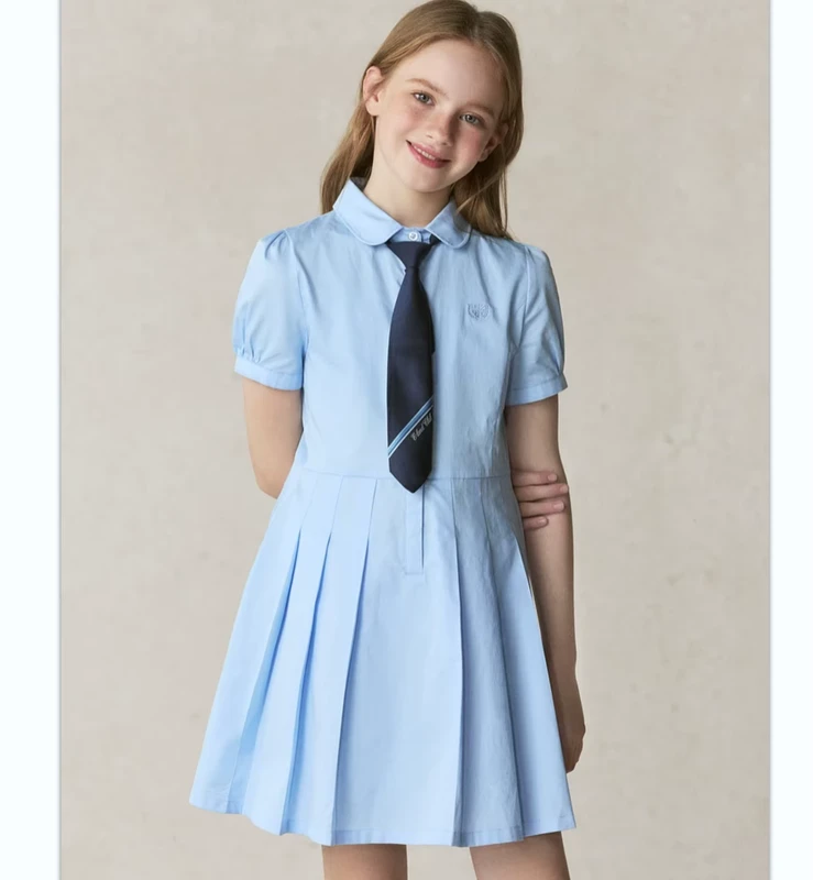 Preppy-Puff-Sleeve-Girls-Shirt-Dress-With-Tie-Pleated-Hem-School-Uniform-Kids-Casual-Dress