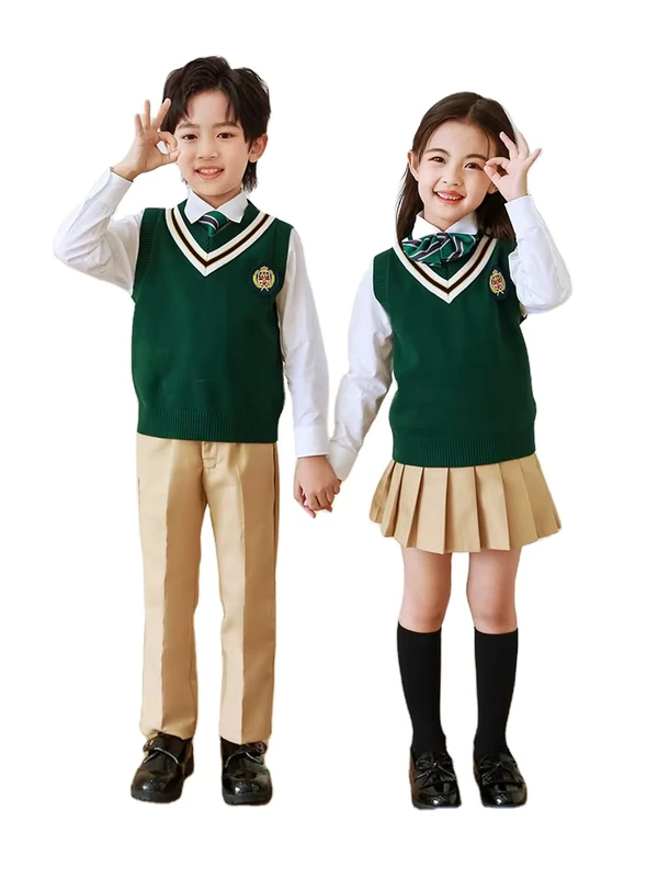 Primary-Green-Knit-Sweater-V-Neck-Waistcoat-School-Uniform-Knitwear-Set-Cotton-Sleeveless-Sweater-Vest-School-Uniforms