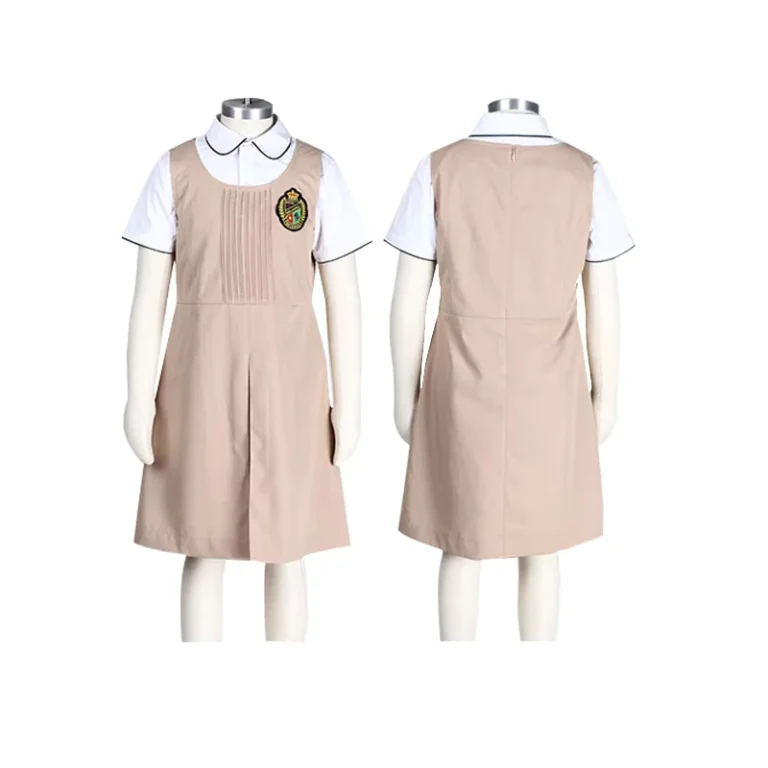 Primary-School-Children-Girls-Khaki-Dress-with-White-Shirt-School-Uniform-Set-100-Polyester-Eco-friendly