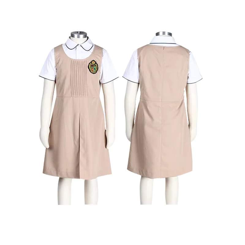Primary-School-Children-Girls-Khaki-Dress-with-White-Shirt-School-Uniform-Set-100-Polyester-Eco-friendly