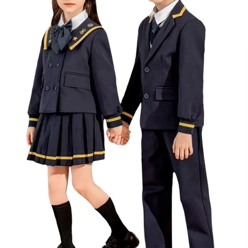 Primary-School-Students-Navy-Crew-Neck-Suit-Custom-Boys-and-Girls-blazer-School-Uniforms