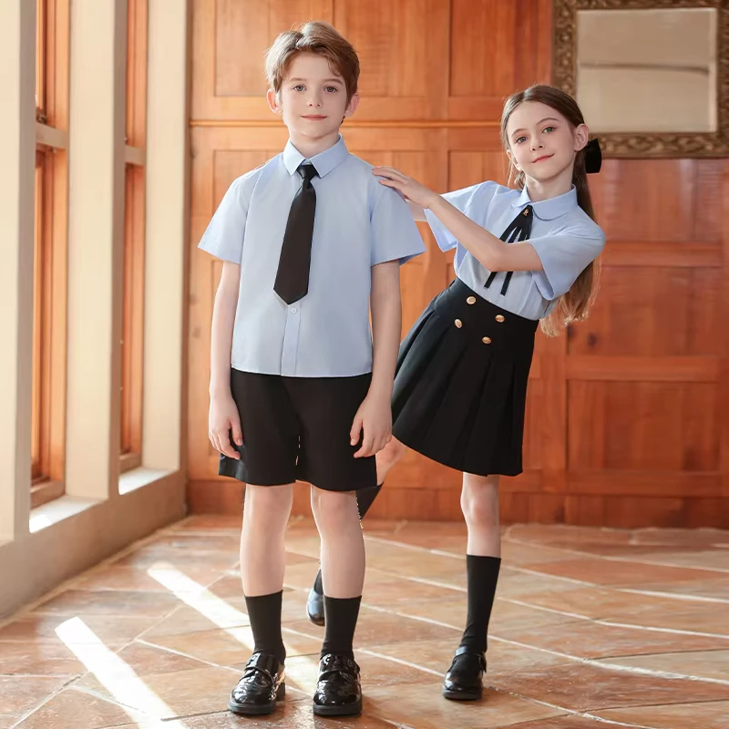 Primary-School-Summer-Uniform-Short-Sleeve-Set-with-Navy-Shorts-for-Boys-and-Navy-Skirt-for-Girls