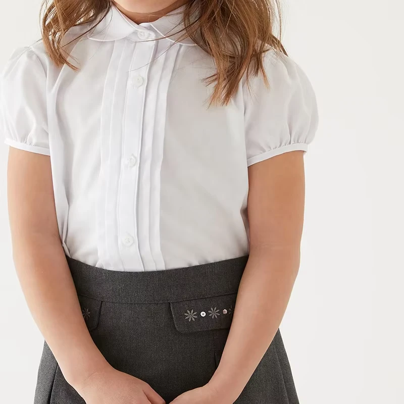 Primary-School-Uniform-Blouse-Rounded-Collar-Short-Sleeves-Girls-White-Easy-Iron-School-Shirts-for-Kids-Children