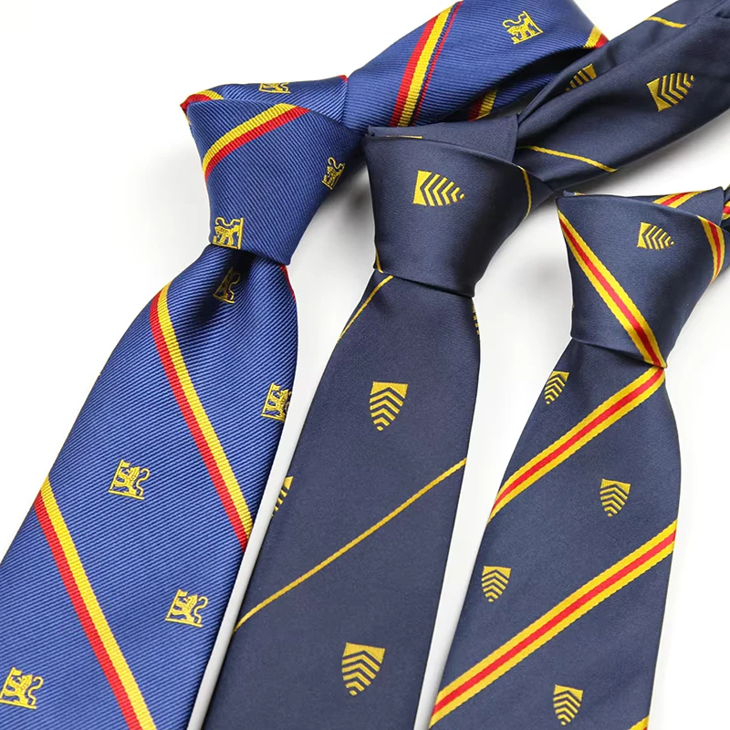 Private-Bespoke-Custom-Formal-Print-Navy-Blue-Tie-with-Gold-Stripes-and-Logos-for-School-Uniforms
