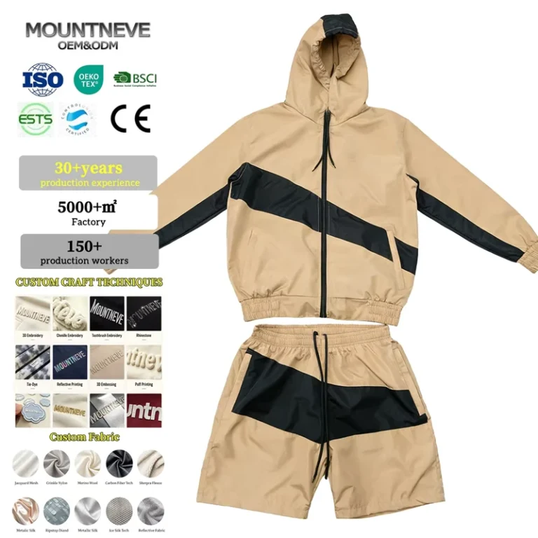 Professional-Custom-Logo-Khaki-Windbreaker-Tracksuit-Men-Beige-Gorpcore-Techwear-2-Piece-Shorts-Set-Waterproof-Hooded-Jacket-OEM