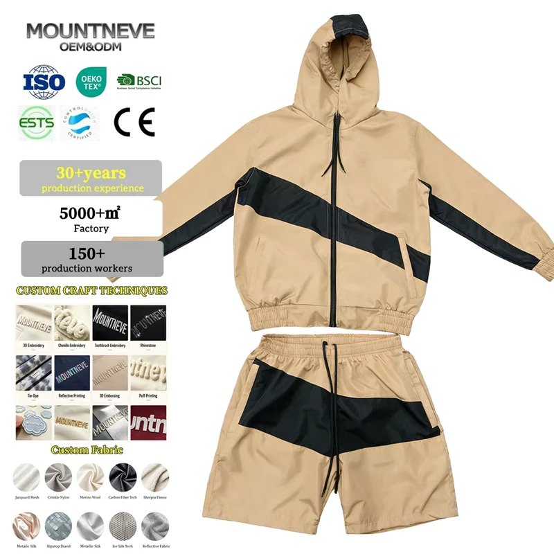 Professional-Custom-Logo-Khaki-Windbreaker-Tracksuit-Men-Beige-Gorpcore-Techwear-2-Piece-Shorts-Set-Waterproof-Hooded-Jacket-OEM
