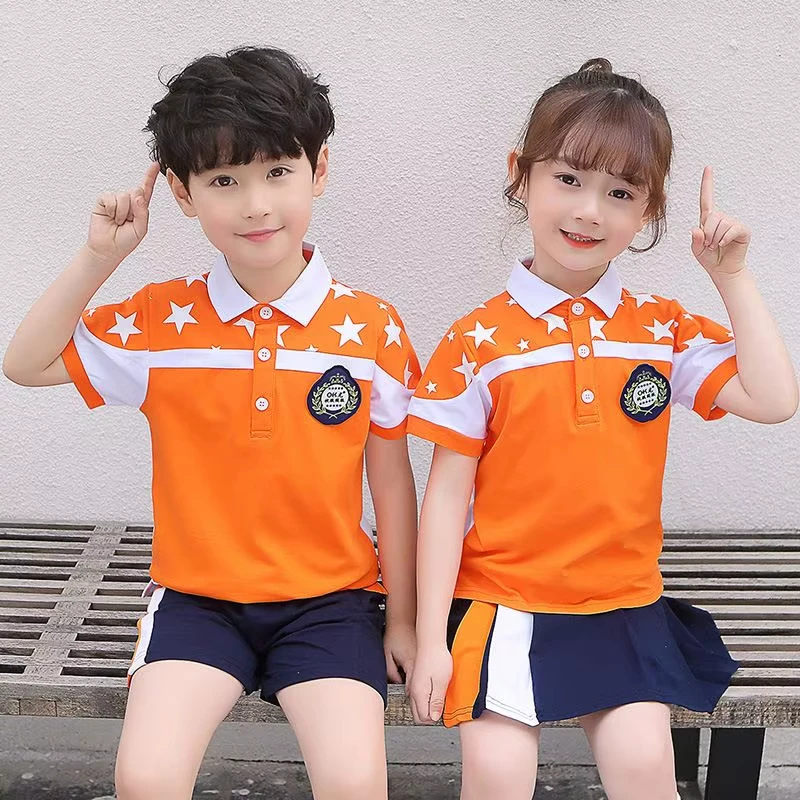 Provide-Samples-Summer-Kindergartens-and-Primary-Kids-Orange-Polo-t-Shirt-Suits-School-Band-Uniform