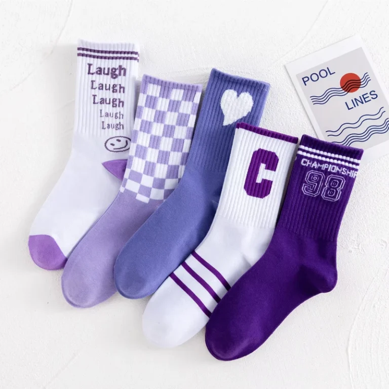 Purple-Letter-Calf-Solid-Casual-School-Socks-100-Cotton-Knitted-Breathable-Anti-Bacterial-Transparent-Crew-Length-Spring