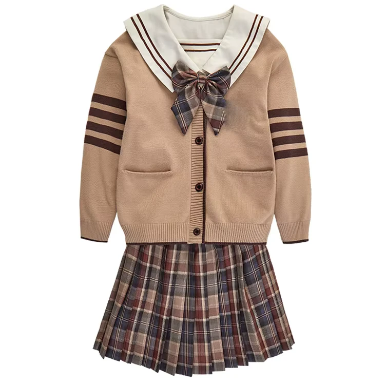 RG-Modern-Design-3-Pieces-Set-Cardigan-Shirts-and-Bottoms-Sets-Brown-School-Uniform
