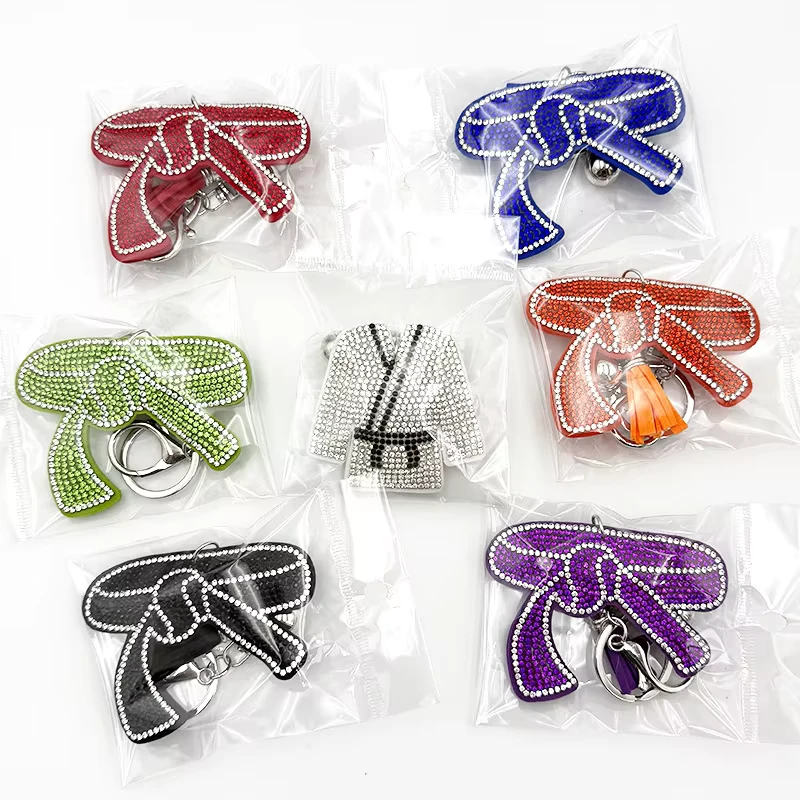 Rhinestone-Taekwondo-Ribbon-Belt-Uniform-Keychain-Crystal-Martial-Arts-Bag-Charm-Karate-Jiu-Jitsu-Judo-Gi-Souvenir-Gift