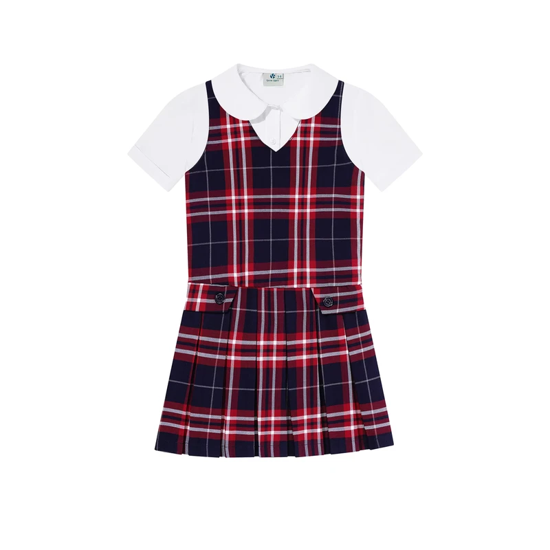 School-Logo-Customize-School-Student-Uniform-Girls-Short-Dress-Pinafores-Shirt-Set-Short-Sleeve-White-Shirts