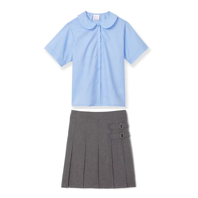School-Student-Blue-Shirt-Blouse-Short-Sleeved-Shirt-School-Uniform-Girls-Student-Gray-Skirt-Dress-Set-for-Girls-Classmate