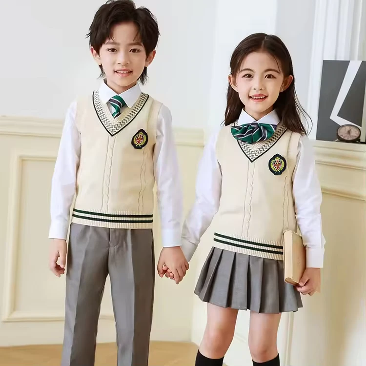 School-Sweater-Uniform-Kids-White-Vest-Cotton-for-Girls-for-School-New-Design-Preschool-Primary-School-Uniform-with-Tie