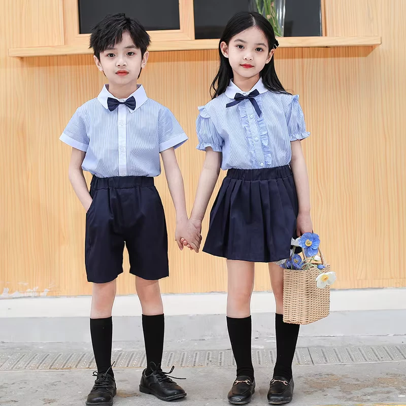 School-Uniform-Blue-Pink-Shirts-Short-Sleeve-Black-Pleated-Skirt-Bow-Tie-Primary-School-Uniform-Set