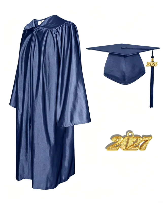 School-Uniform-Shiny-Navy-Blue-Graduation-Cap-Gown-100-Polyester-Tassel-Set-Unisex-Adult-High-School-University