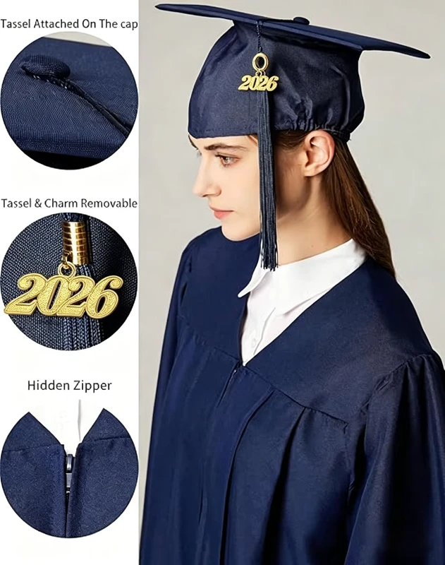 School-Uniform-University-Students-Unisex-Matte-Graduation-Cap-and-Gown-with-Tassel-Navy-Blue-100-Polyester-Adults