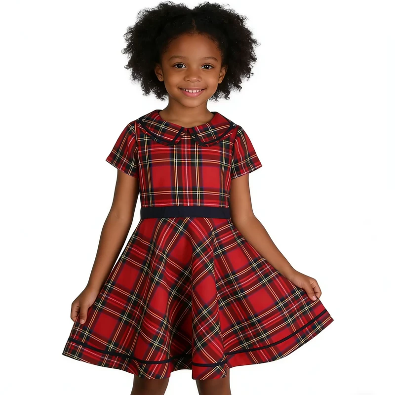 School-Wear-Short-Sleeve-Round-Collar-with-Navy-Waistband-Custom-Red-Plaid-School-Uniform-Dress-for-Girls