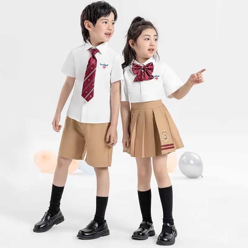 Short-Sleeve-Formal-Shirts-Child-White-School-Khaki-Shorts-for-School-Kids-Girls-Khaki-School-Uniform-Skirt