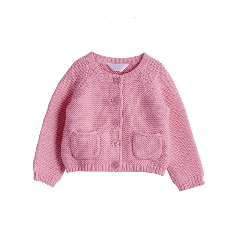 Solid-100-Cotton-Newborn-Baby-Girls-Round-Neck-pink-Cardigan-Knit-Kids-Clothing-Sweater-Coat