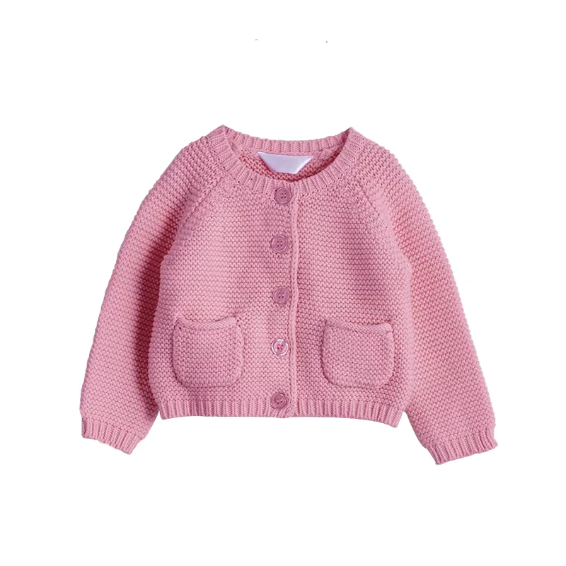 Solid-100-Cotton-Newborn-Baby-Girls-Round-Neck-pink-Cardigan-Knit-Kids-Clothing-Sweater-Coat