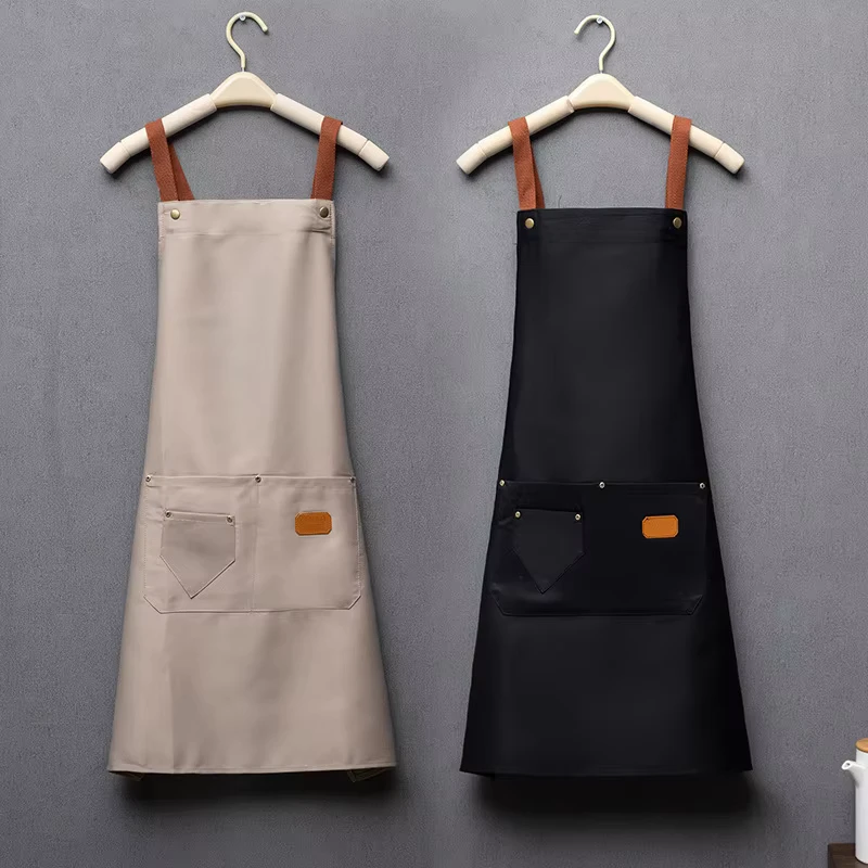 Solid-color-Halter-Bib-Polyester-Sleeved-Apron-Chef-Barista-Work-Uniform-Customizable-logo-Waterproof-Modern-Style