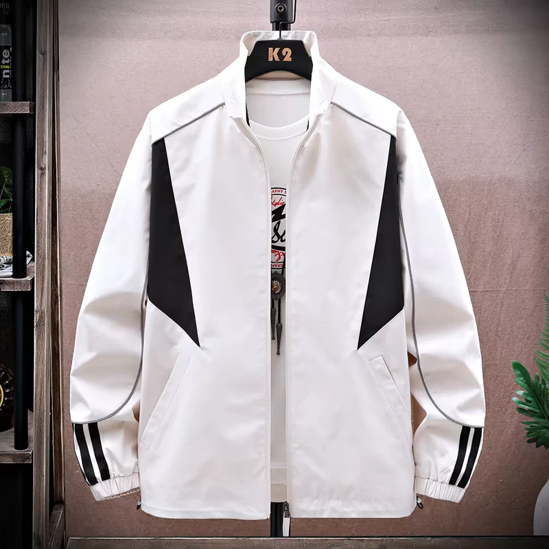 Spring-School-Uniform-Bomber-Jacket-Casual-Design-Mandarin-Collar-Three-Stripes-Reflective-Elements-Washed-Finish-Zipper-Closure