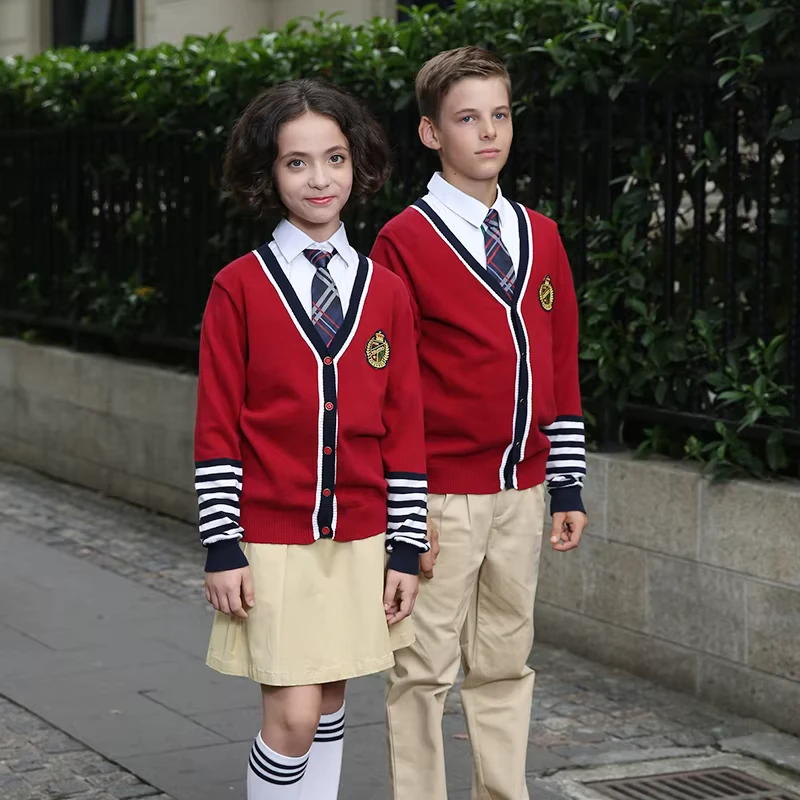 Spring-and-Autumn-Factory-Price-Red-Cotton-Knitted-Children-Kids-Student-Primary-International-School-Uniforms-Cardigan-Sweater